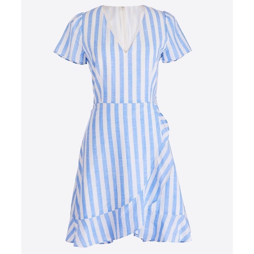 J. Crew Blue White Striped Ruffle Wrap Faux Dress V-Neck Short Sleeve Size 00